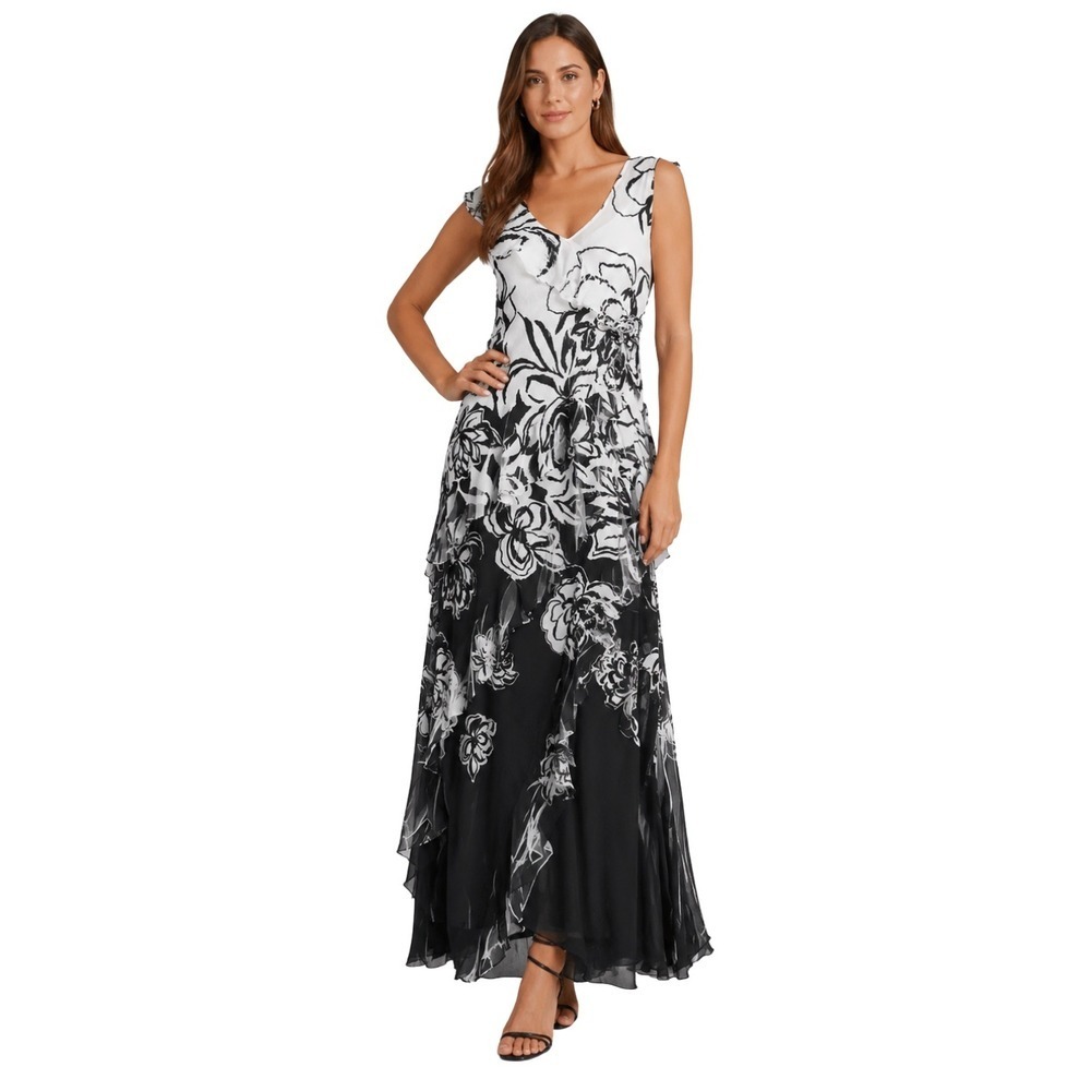 Komarov Dress Womens Large Black White Floral Crinkle Textured Maxi Cocktail